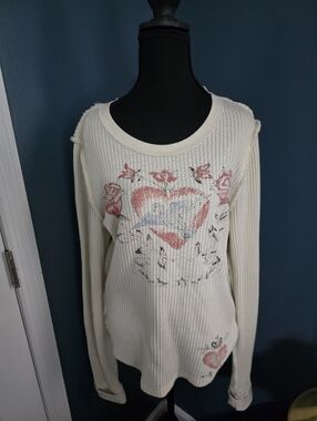 We The Free Cream Waffle Knit Heart & Rose Graphic Sweater